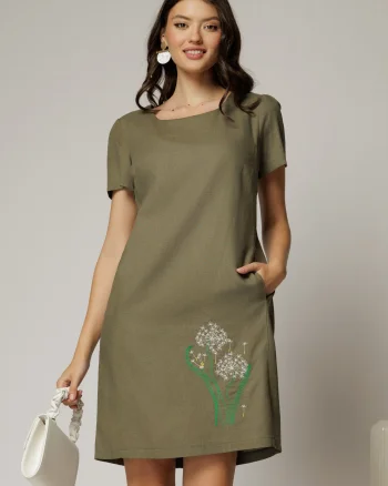 Rochie kaki din in cu flori brodate si croi drept