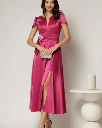 Rochie midi fucsia din satin cu aplicatie in talie si decolteu adanc