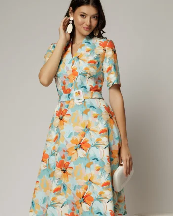 Rochie midi cu imprimeu floral in nuante de turcoaz si orange