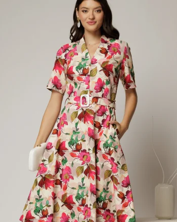 Rochie midi cu imprimeu floral in nuante de fucsia si bej