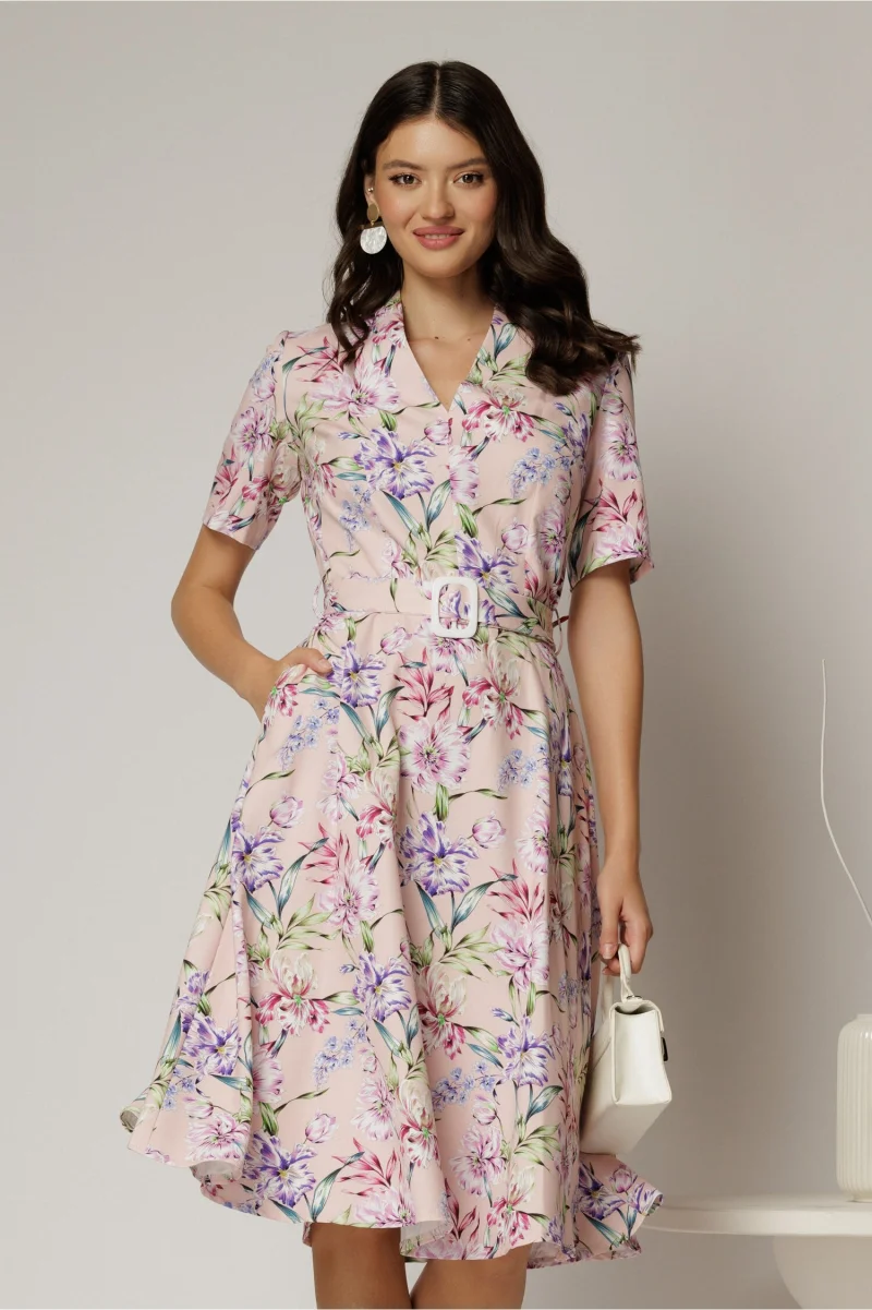 Rochie midi cu imprimeu floral in nuante de roz si lila