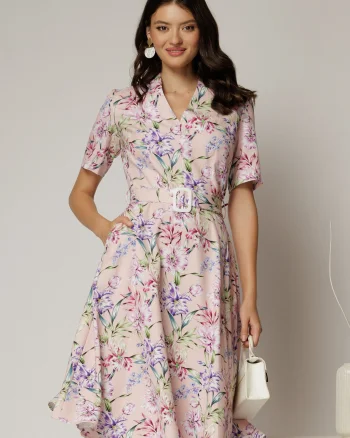 Rochie midi cu imprimeu floral in nuante de roz si lila