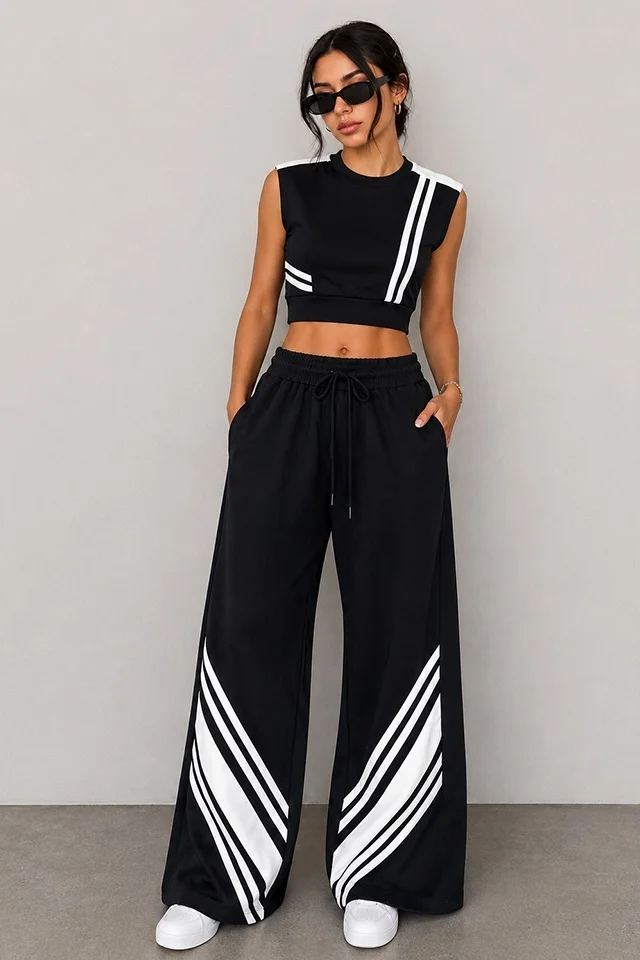 Compleu sport de dama BLAKE, cu pantaloni wide leg evazati si top crop, Negru