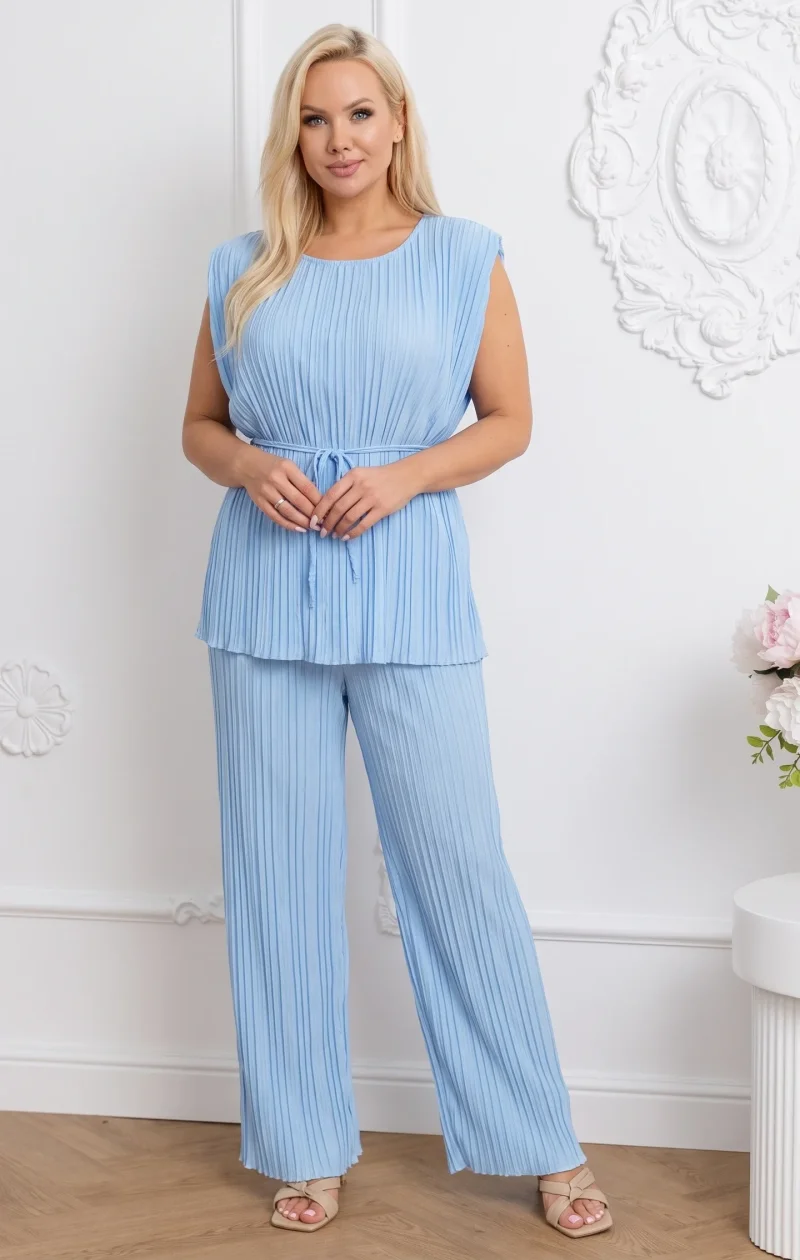 Compleu elegant plisat bleu cu c...