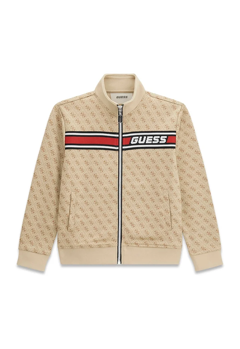 Bluza de trening cu fermoar si model monograma, Maro nisip