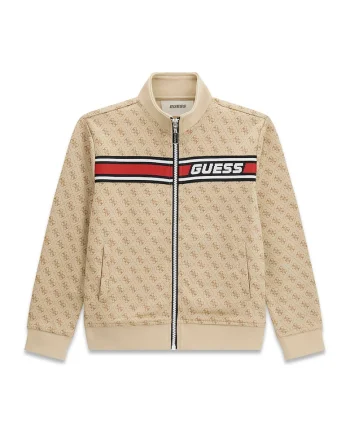 Bluza de trening cu fermoar si model monograma, Maro nisip