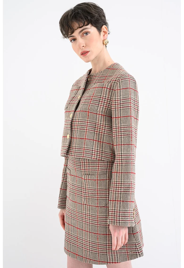Jacheta crop din tuid, Rosu/Maro taupe