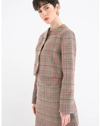 Jacheta crop din tuid, Rosu/Maro taupe