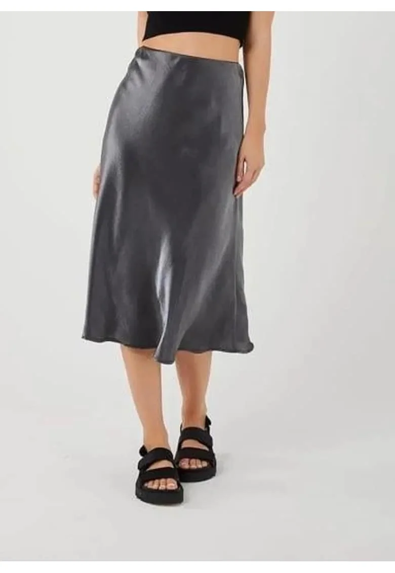 Fusta Midi,  satin, negru, talie elastica,