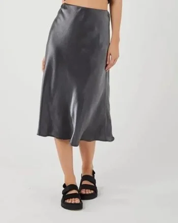 Fusta Midi,  satin, negru, talie elastica,