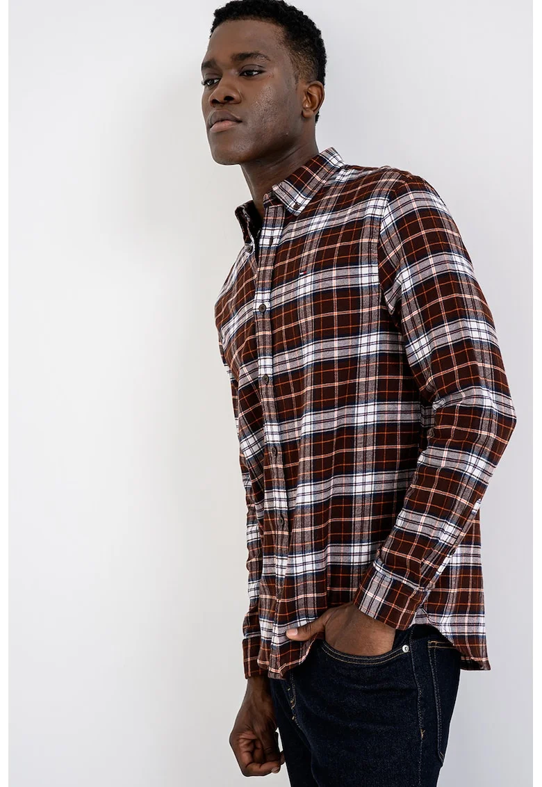 Camasa regular-fit cu guler Oxford si model in carouri, Alb/Maro