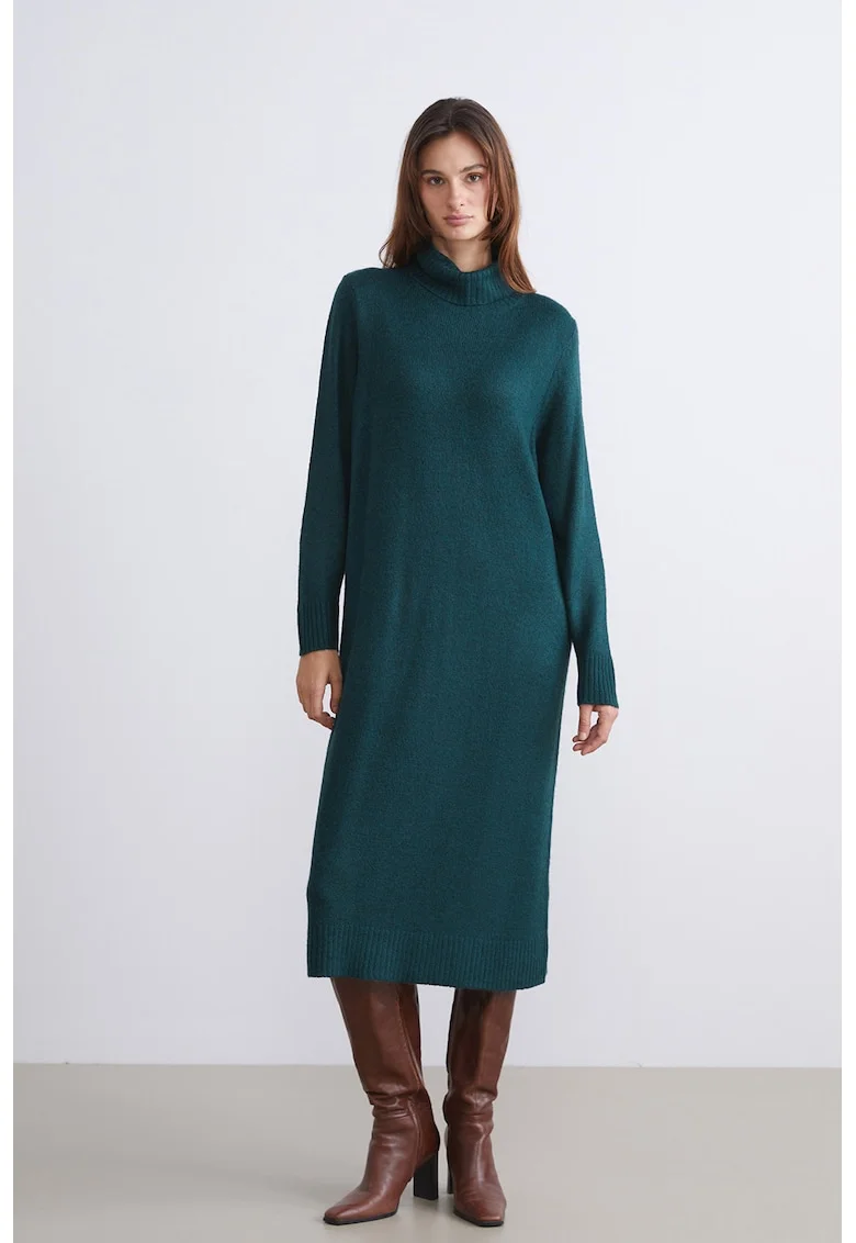 Rochie-pulover tricotata cu guler inalt, Albastru petrol