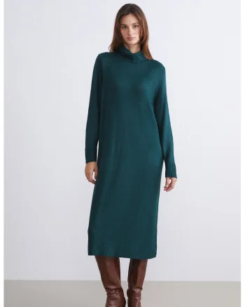 Rochie-pulover tricotata cu guler inalt, Albastru petrol