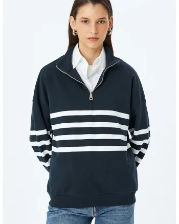 Bluza de trening lejera cu model in dungi, Alb/Bleumarin