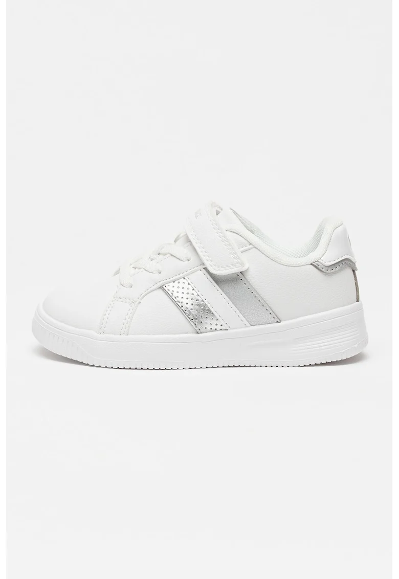 Pantofi sport cu velcro si logo, Alb/Argintiu