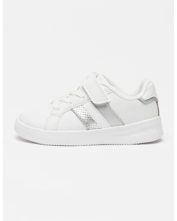 Pantofi sport cu velcro si logo, Alb/Argintiu