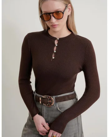 Pulover dama,  guler rotund, maro cafeniu, tricot