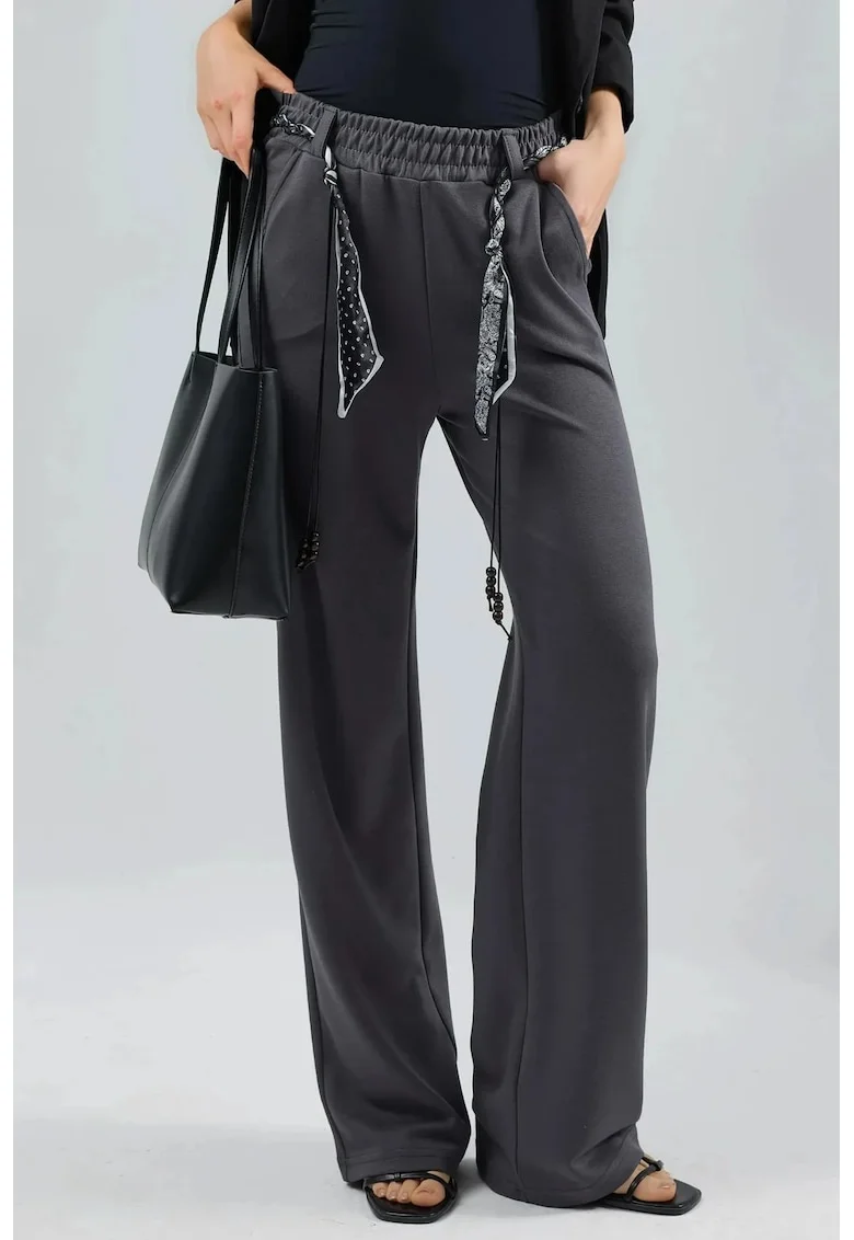 Pantaloni dama,  tricotati, talie inalta, gri, textil