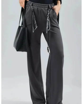 Pantaloni dama,  tricotati, talie inalta, gri, textil
