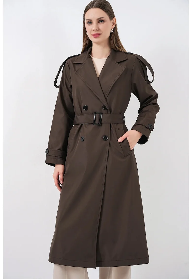 Trenci dama  lung, doua randuri de nasturi, maro mocha, textil