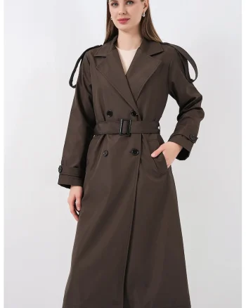 Trenci dama  lung, doua randuri de nasturi, maro mocha, textil