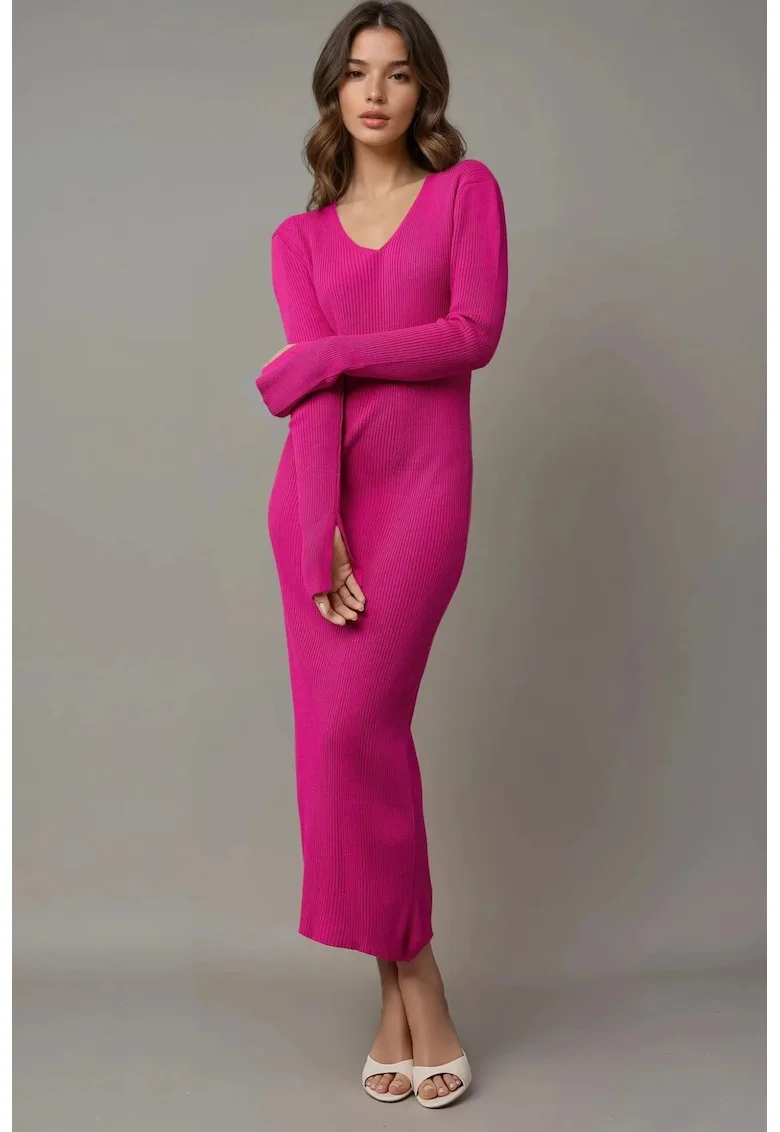 Rochie maxi,  tricotata, decolteu in V, roz,