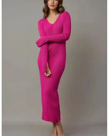 Rochie maxi,  tricotata, decolteu in V, roz,