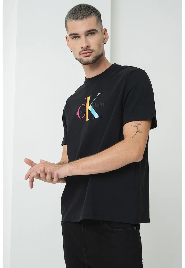 Tricou de bumbac cu imprimeu logo, Negru/Portocaliu/Albastru