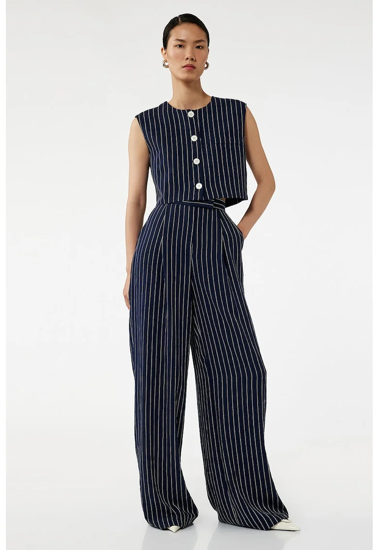 Pantaloni cu croiala ampla si model in dungi, Albastru inchis/Alb murdar