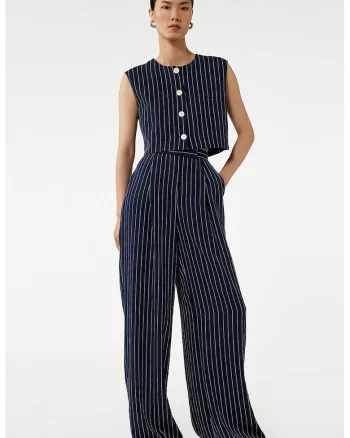 Pantaloni cu croiala ampla si model in dungi, Albastru inchis/Alb murdar