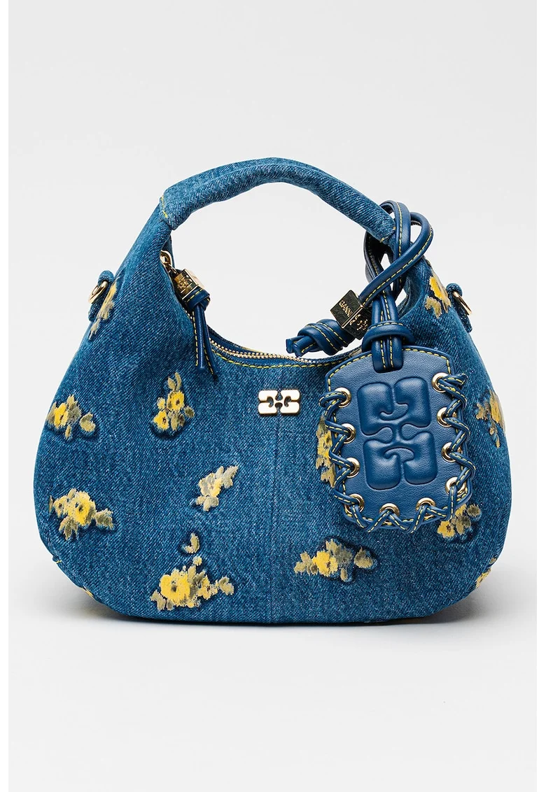 Geanta din denim cu motiv floral, Albastru oceanic