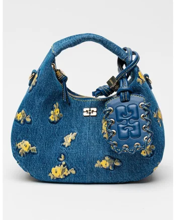 Geanta din denim cu motiv floral, Albastru oceanic