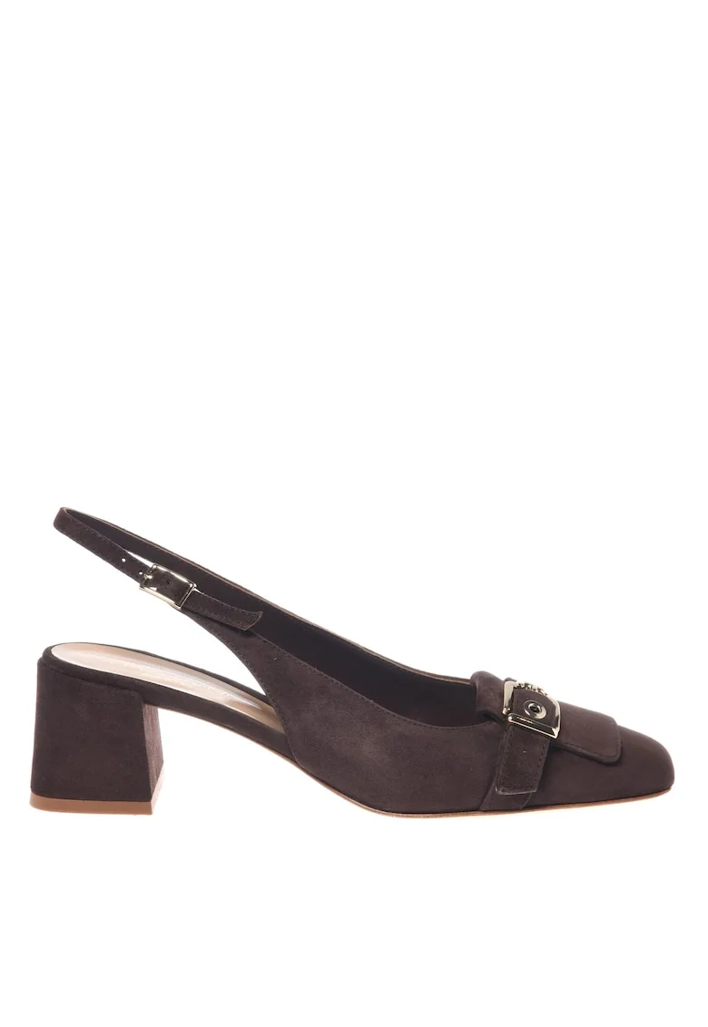 Pantofi slingback de piele intoarsa cu toc masiv, Maro