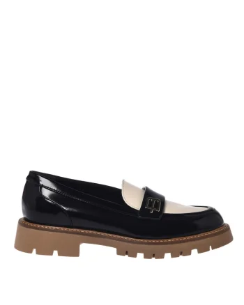 Pantofi loafer de piele lacuita cu doua nuante, Negru
