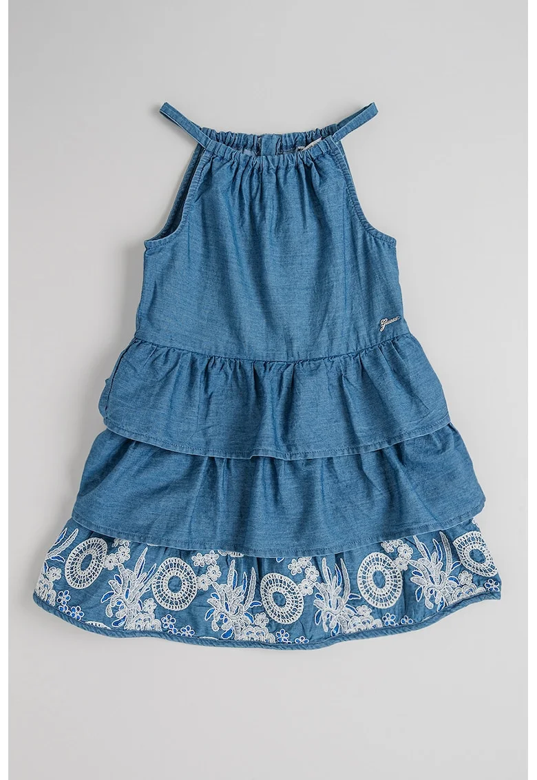 Rochie din chambray, cu broderii, Albastru inchis