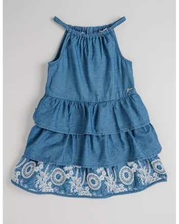 Rochie din chambray, cu broderii, Albastru inchis