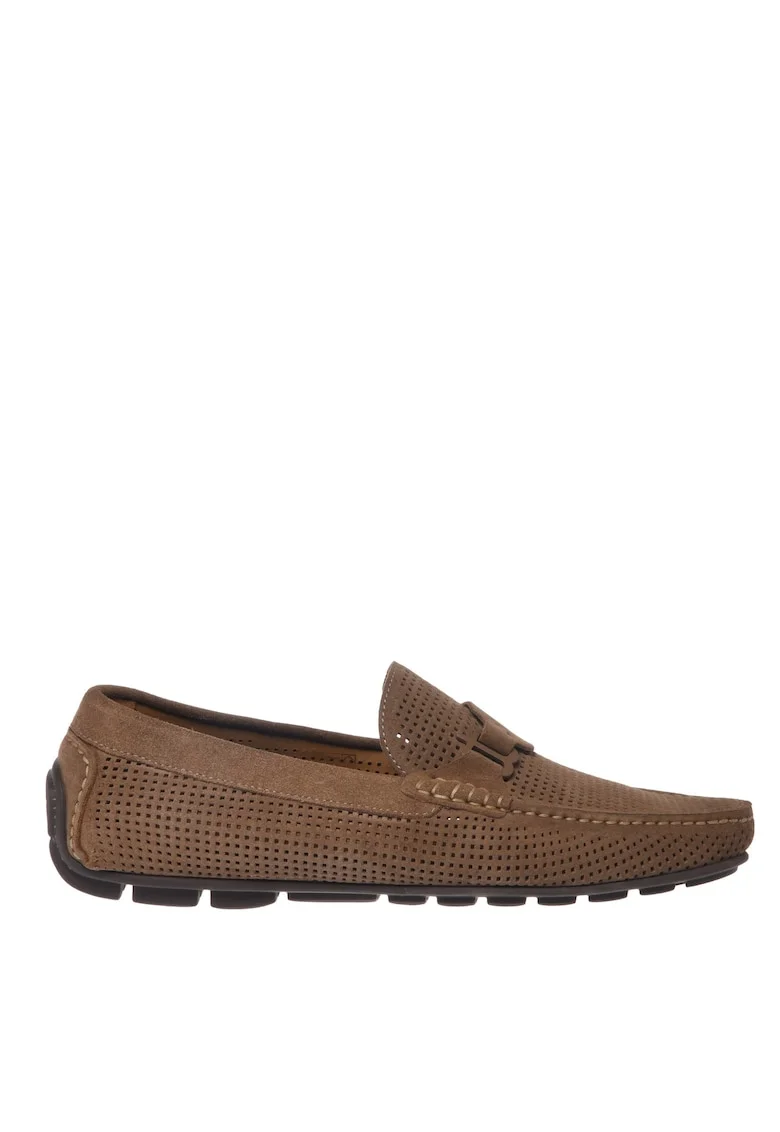 Pantofi loafer din piele intoarsa cu aspect perforat, Bej