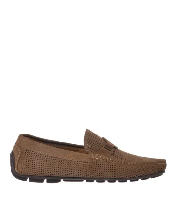 Pantofi loafer din piele intoarsa cu aspect perforat, Bej