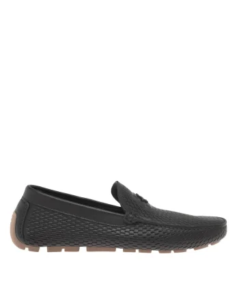 Pantofi loafer din piele cu aspect tesut, Negru