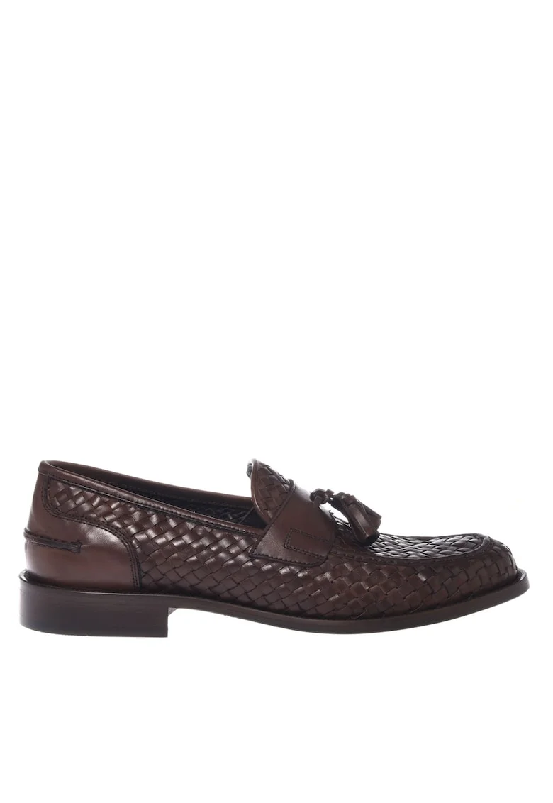 Pantofi loafer din piele cu aspect tesut si canafi, Maro