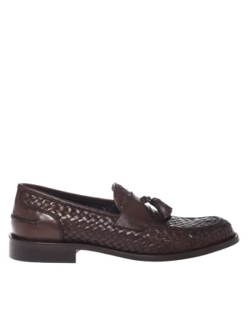 Pantofi loafer din piele cu aspect tesut si canafi, Maro