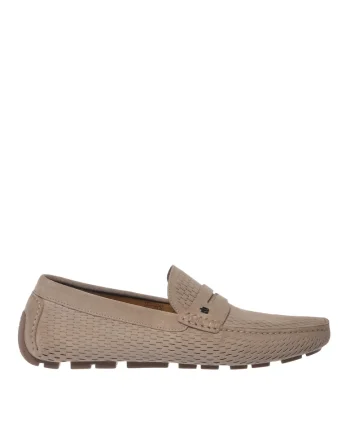 Pantofi loafer din piele intoarsa cu perforatii, Bej