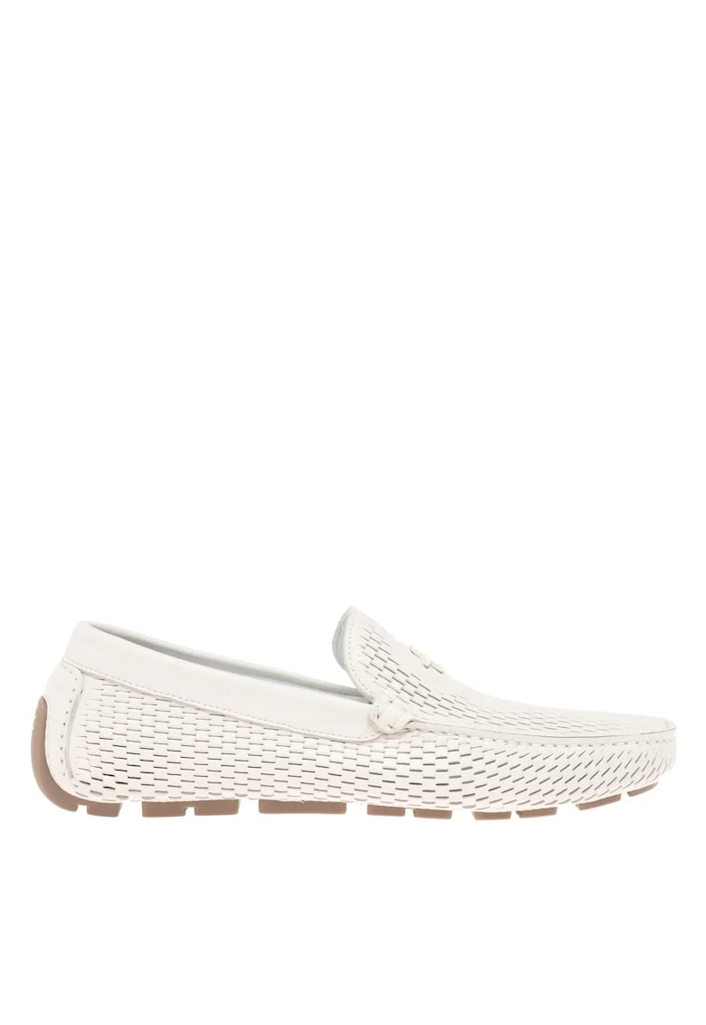 Pantofi loafer din piele cu aspect cu perforatii, Alb murdar