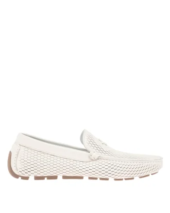 Pantofi loafer din piele cu aspect cu perforatii, Alb murdar