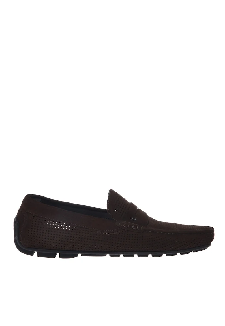 Pantofi loafer din piele intoarsa cu aspect perforat, Maro
