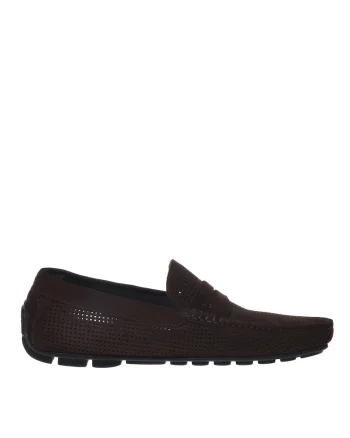 Pantofi loafer din piele intoarsa cu aspect perforat, Maro