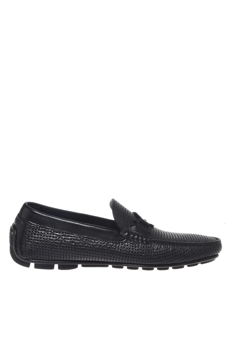 Pantofi loafer din piele cu aspect perforat, Negru