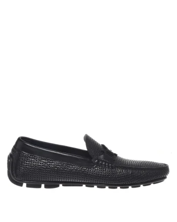 Pantofi loafer din piele cu aspect perforat, Negru