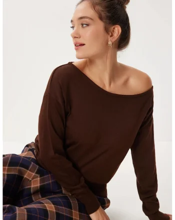 Pulover femei, Happiness Istanbul, regular-fit, umeri goi, maro mocha, acrilic,