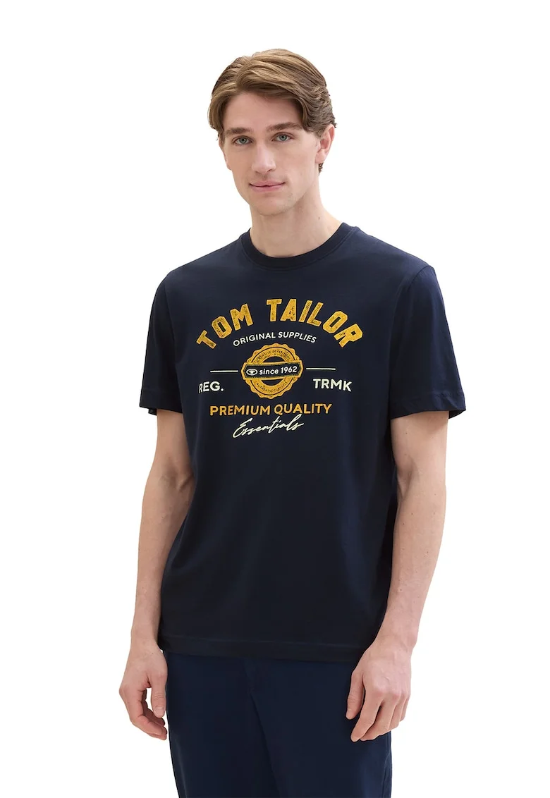 Tricou din bumbac cu imprimeu logo, Albastru inchis